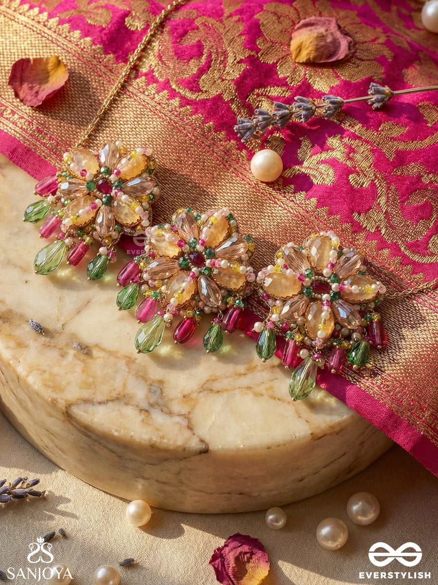 Rangmallika - Garland Of Colours - Festive Necklace With Repeating Floral Clusters And Gem Fringe