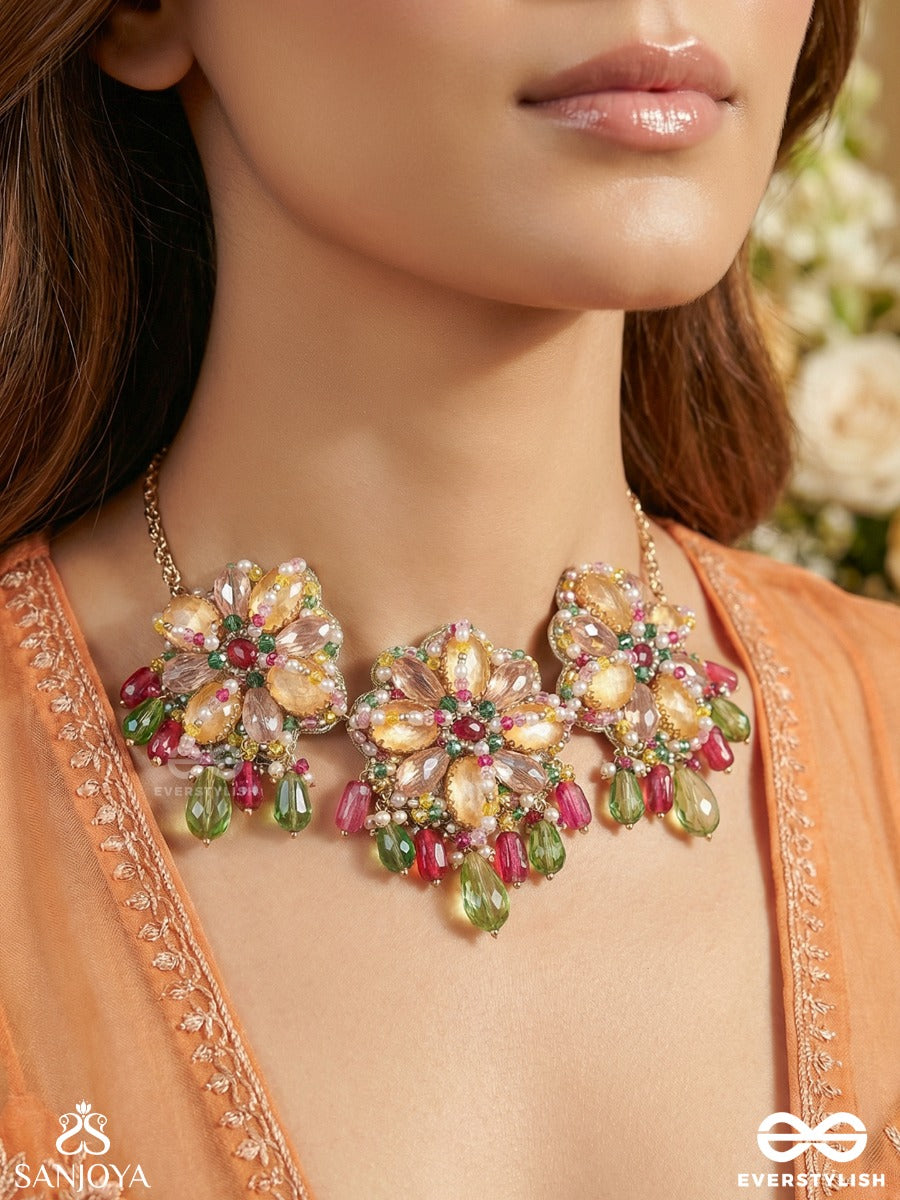 Rangmallika - Garland Of Colours - Festive Necklace With Repeating Floral Clusters And Gem Fringe