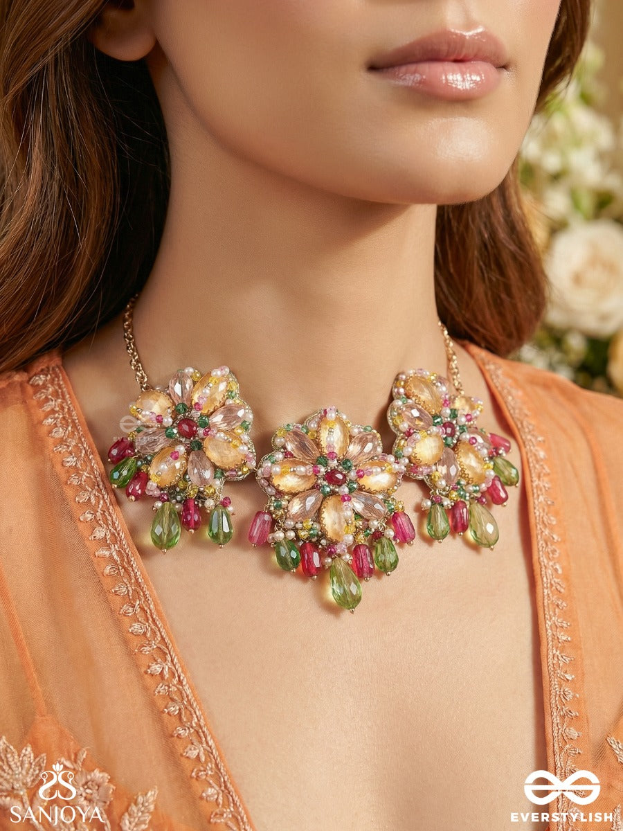 Rangmallika - Garland Of Colours - Festive Necklace With Repeating Floral Clusters And Gem Fringe