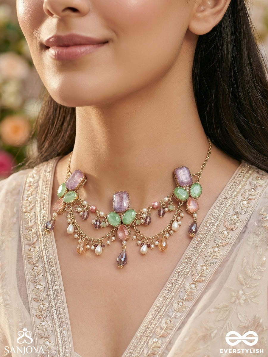 Varnamrita - Nectar Of Colours - Ornate Necklace With Multi-Stone Clusters And Flowing Drop Chains