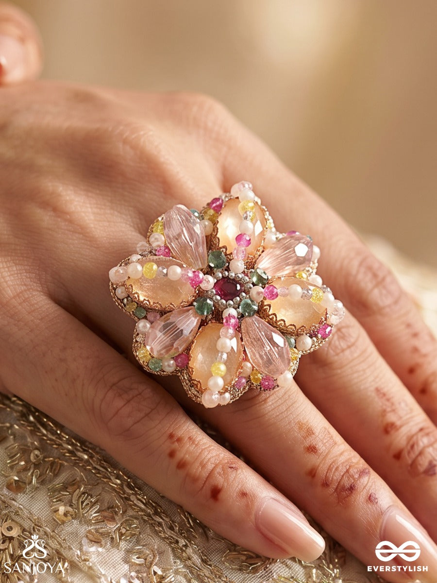 Rangmallika - Garland Of Colours - Statement Ring With Multi-Petal Gem Cluster And Colourful Accents