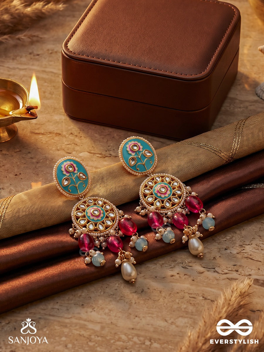 Chitrapriya - Lover Of Art - Statement Earrings With Enamelled Floral Panel And Multi-Gem Drop Accents