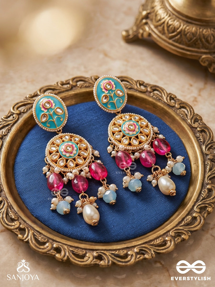 Chitrapriya - Lover Of Art - Statement Earrings With Enamelled Floral Panel And Multi-Gem Drop Accents