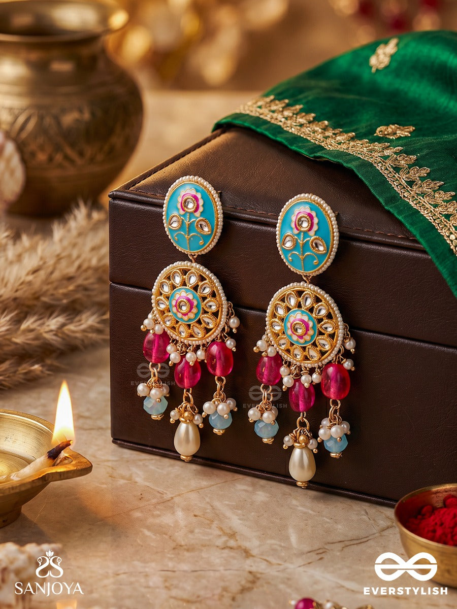 Chitrapriya - Lover Of Art - Statement Earrings With Enamelled Floral Panel And Multi-Gem Drop Accents