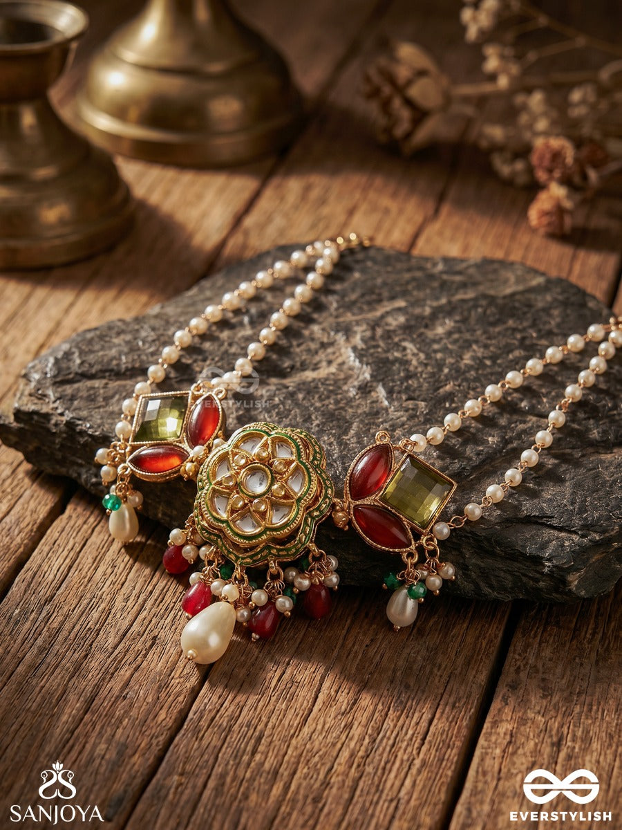 Chitravasini - One Adorned In Art - Decorative Necklace With Floral Motif And Faceted Gem Details