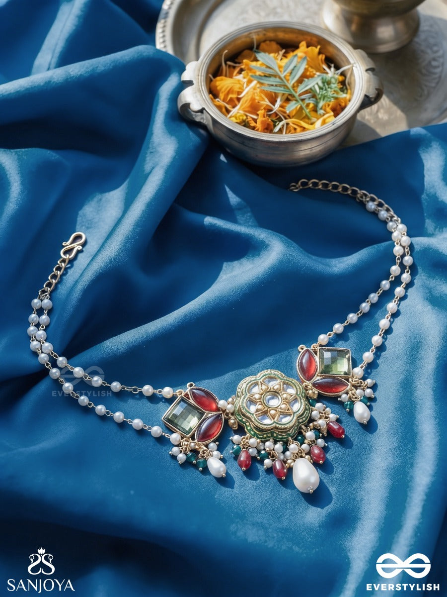 Chitravasini - One Adorned In Art - Decorative Necklace With Floral Motif And Faceted Gem Details