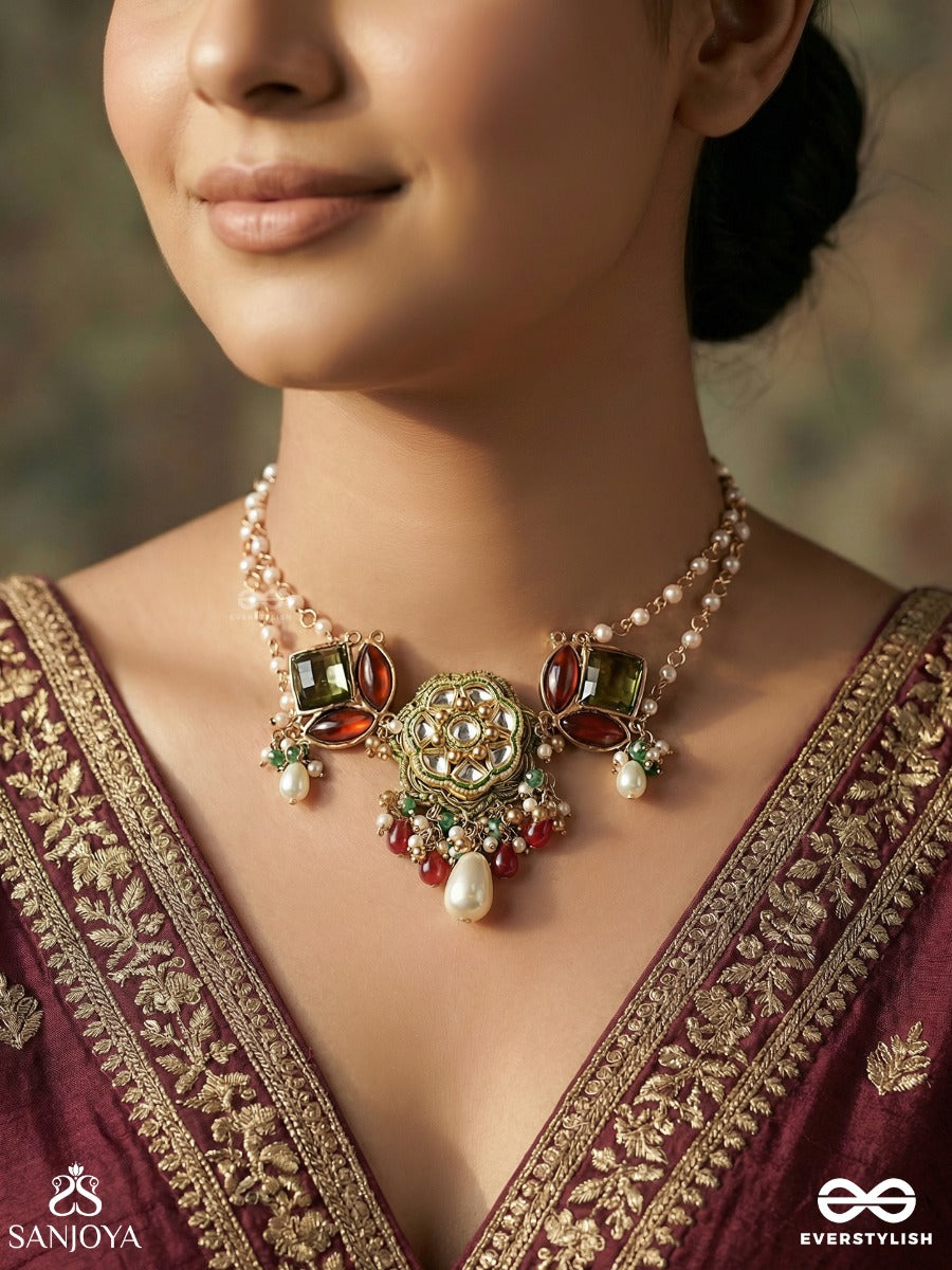 Chitravasini - One Adorned In Art - Decorative Necklace With Floral Motif And Faceted Gem Details