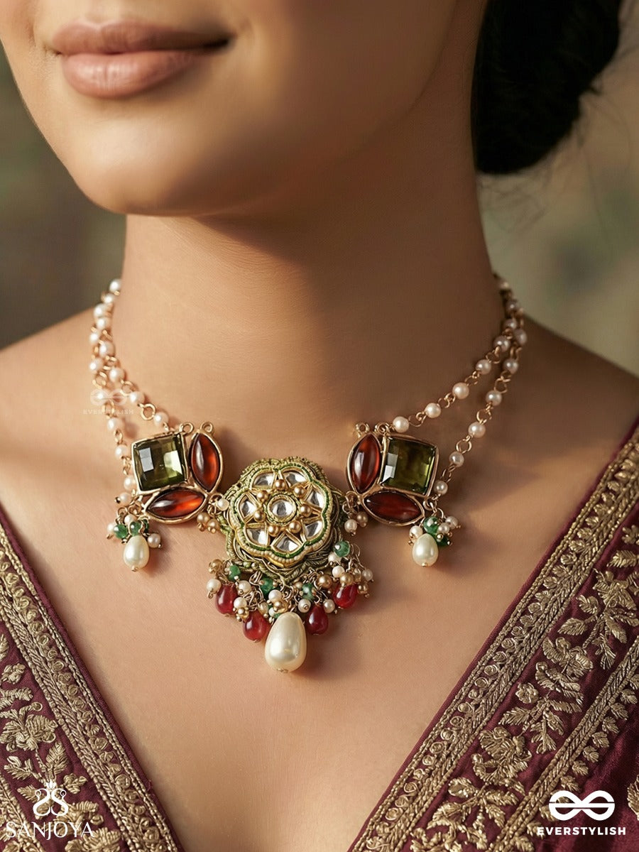 Chitravasini - One Adorned In Art - Decorative Necklace With Floral Motif And Faceted Gem Details