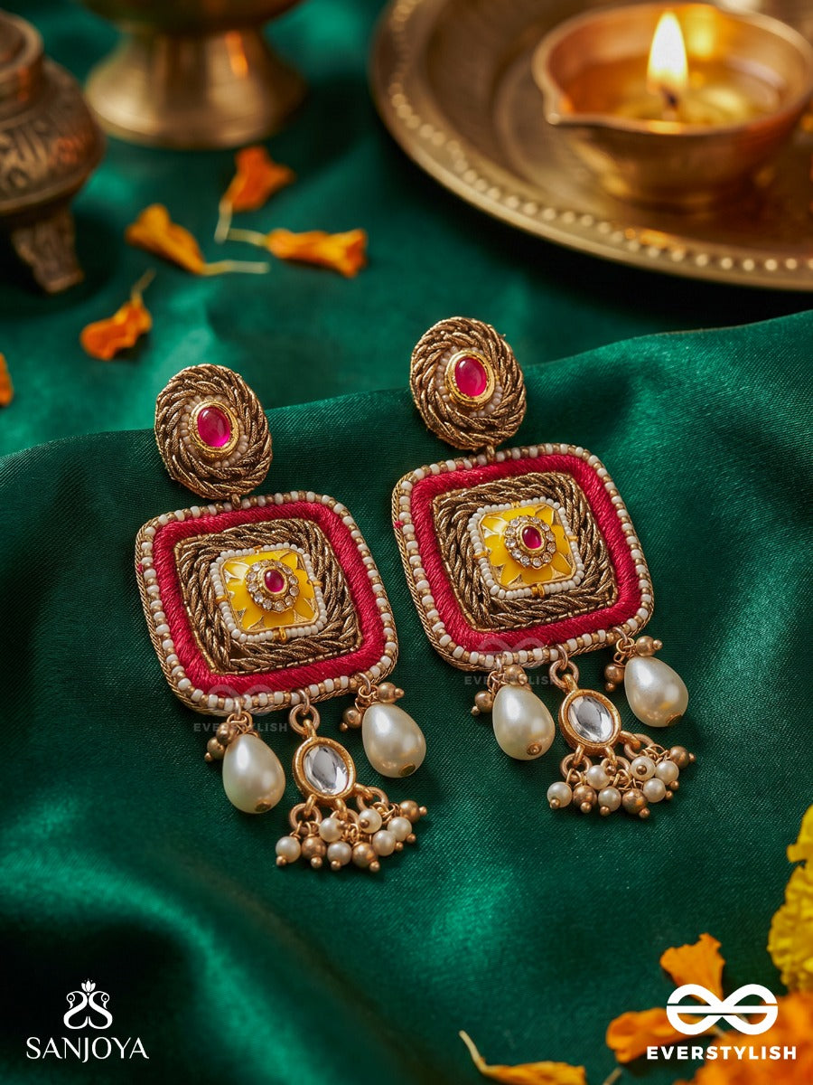 Ranggranthi - Knot Of Colours - Statement Earrings With Textured Frame, Enamelled Centre And Pearl Drop Accents