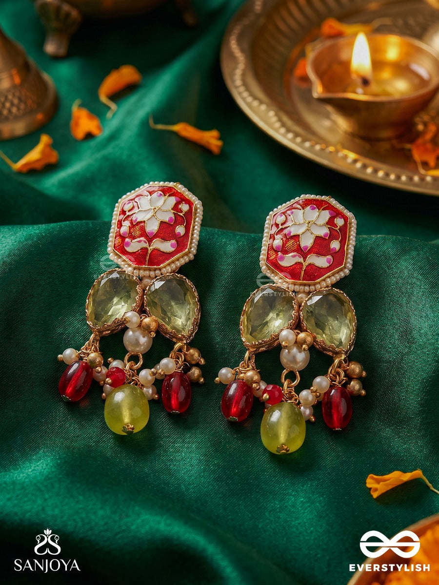 Ratnapadma - Jewelled Lotus - Festive Earrings With Floral Enamel Panel And Gem Accents