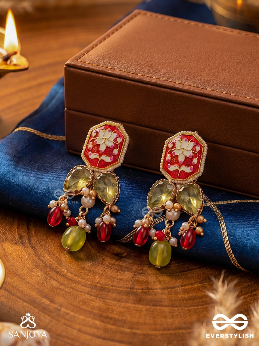 Ratnapadma - Jewelled Lotus - Festive Earrings With Floral Enamel Panel And Gem Accents