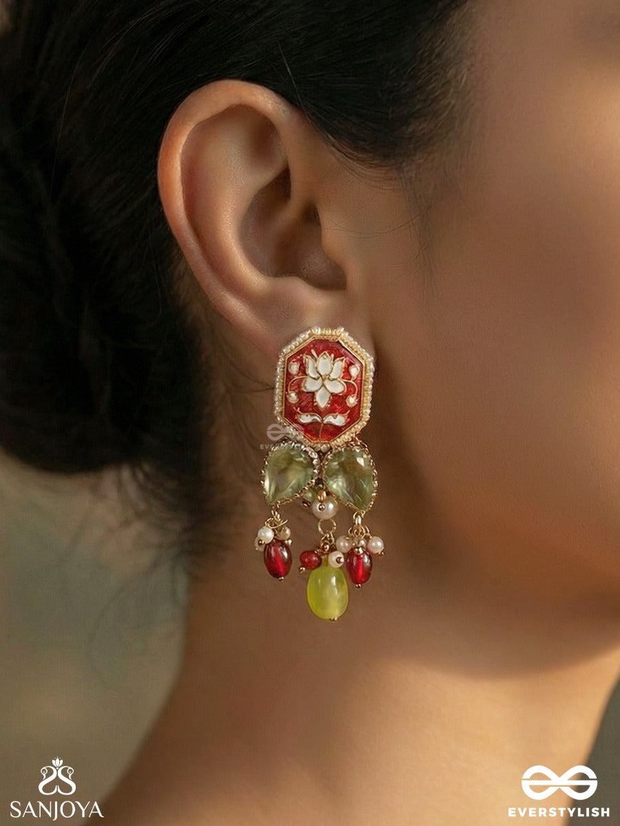 Ratnapadma - Jewelled Lotus - Festive Earrings With Floral Enamel Panel And Gem Accents