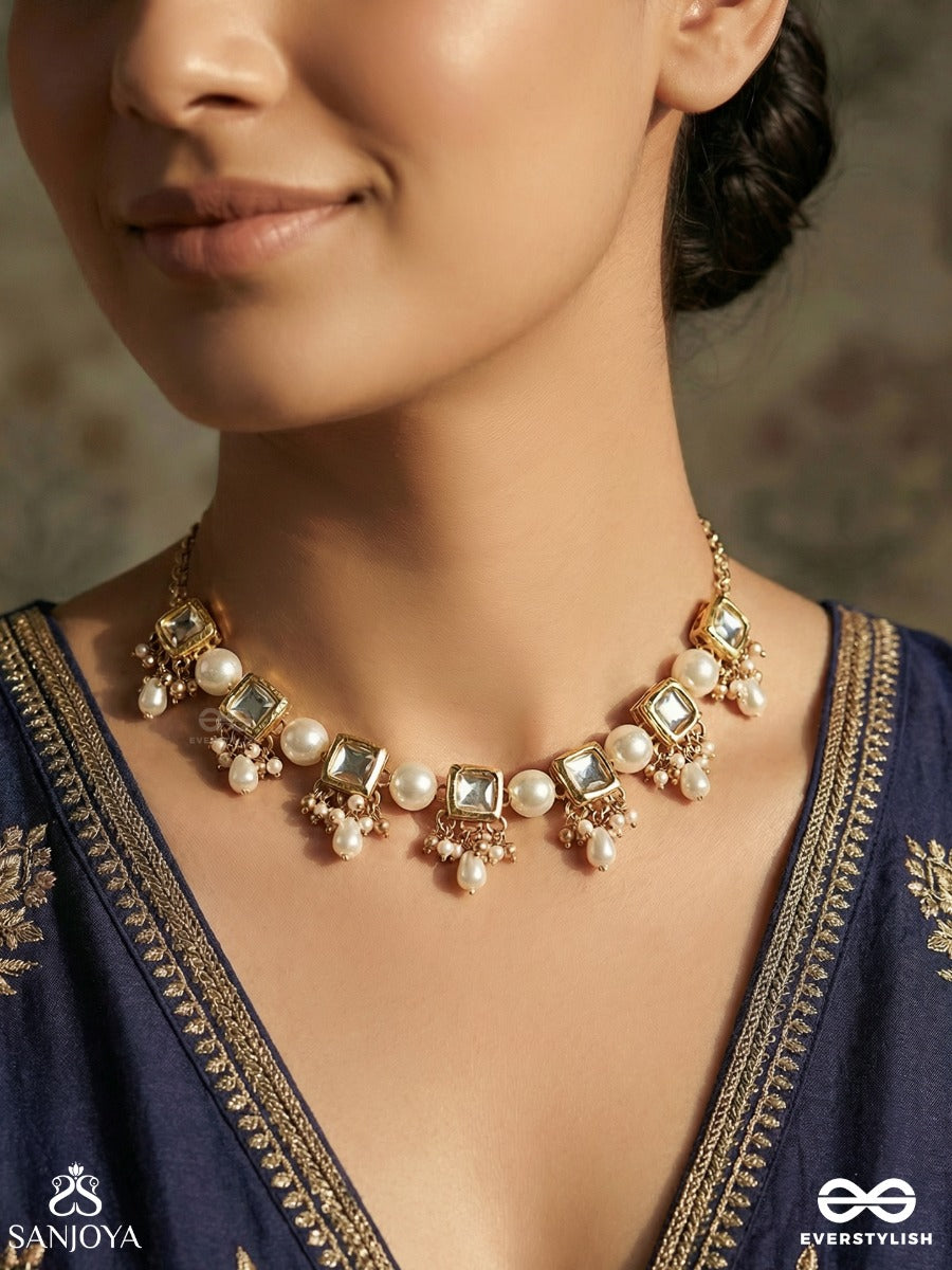 Chandrasara - Essence Of The Moon - Elegant Necklace With Repeating Polki Links And Pearl Cluster Accents
