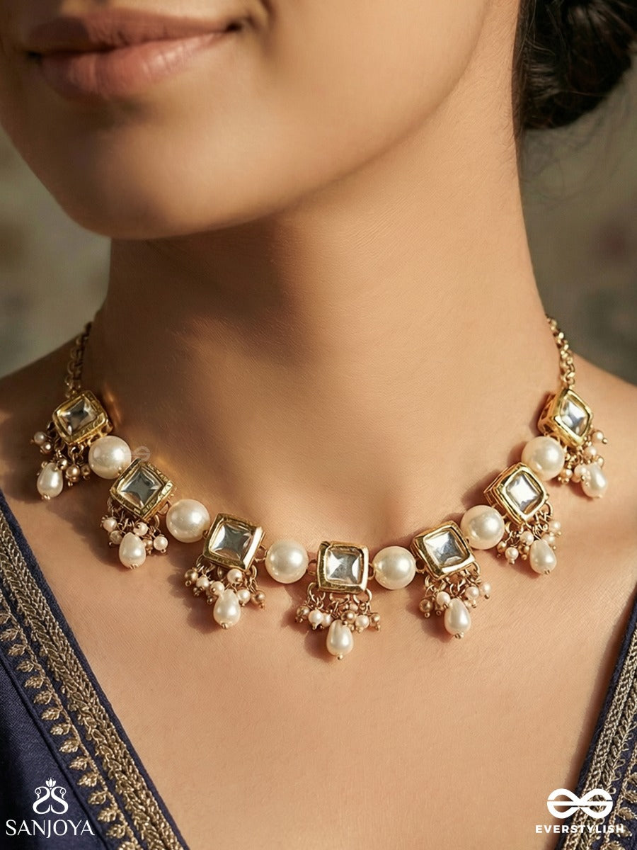 Chandrasara - Essence Of The Moon - Elegant Necklace With Repeating Polki Links And Pearl Cluster Accents