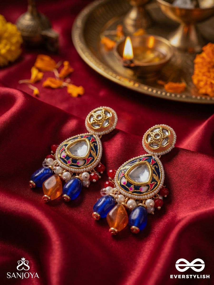 Neelarunika - Blue And Dawn Hues - Statement Earrings With Enamelled Panel And Multi-Stone Drop Accents