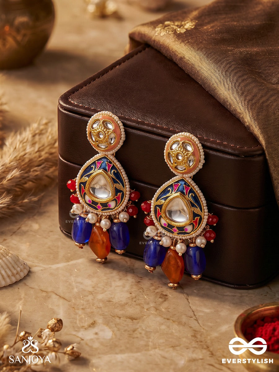 Neelarunika - Blue And Dawn Hues - Statement Earrings With Enamelled Panel And Multi-Stone Drop Accents