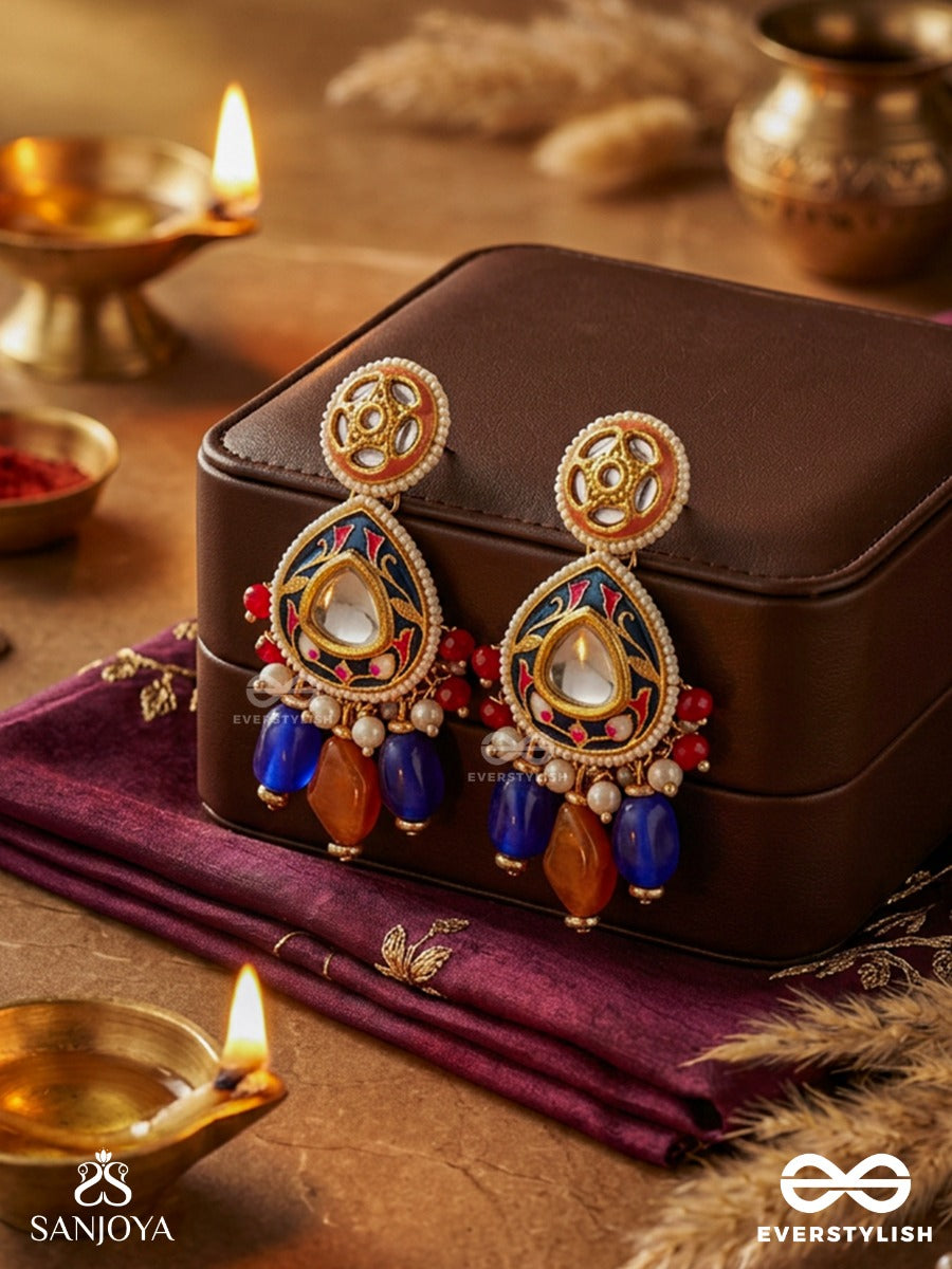 Neelarunika - Blue And Dawn Hues - Statement Earrings With Enamelled Panel And Multi-Stone Drop Accents
