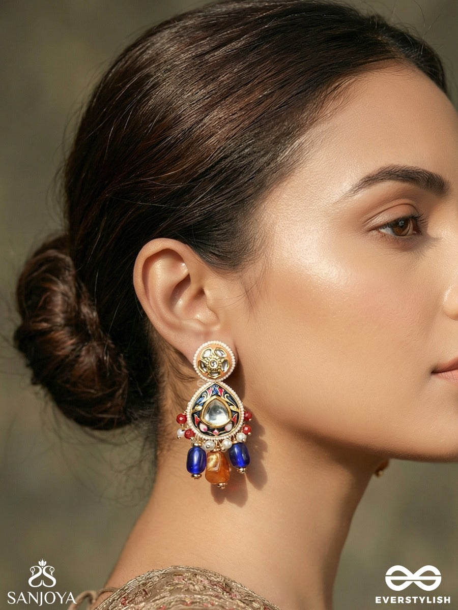 Neelarunika - Blue And Dawn Hues - Statement Earrings With Enamelled Panel And Multi-Stone Drop Accents