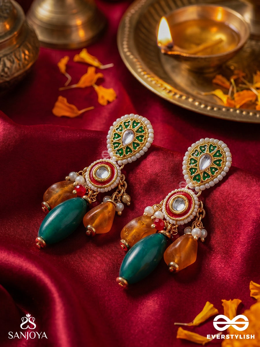 Surratika - Divine Adornment - Statement Earrings With Gemmed Panel And Drop Accent Clusters