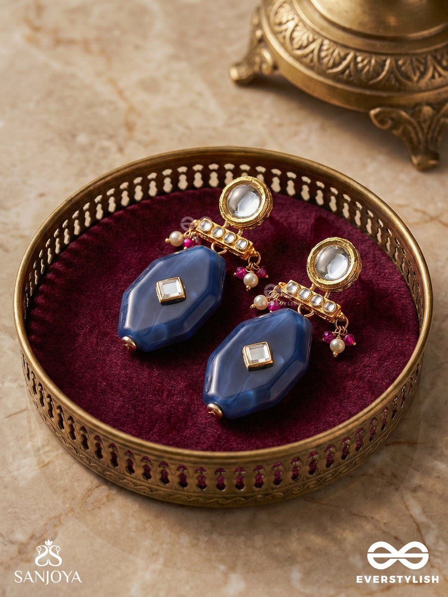 Neelpratika - Blue Emblem - Statement Earrings With Faceted Blue Panel And Polki Accent Detail