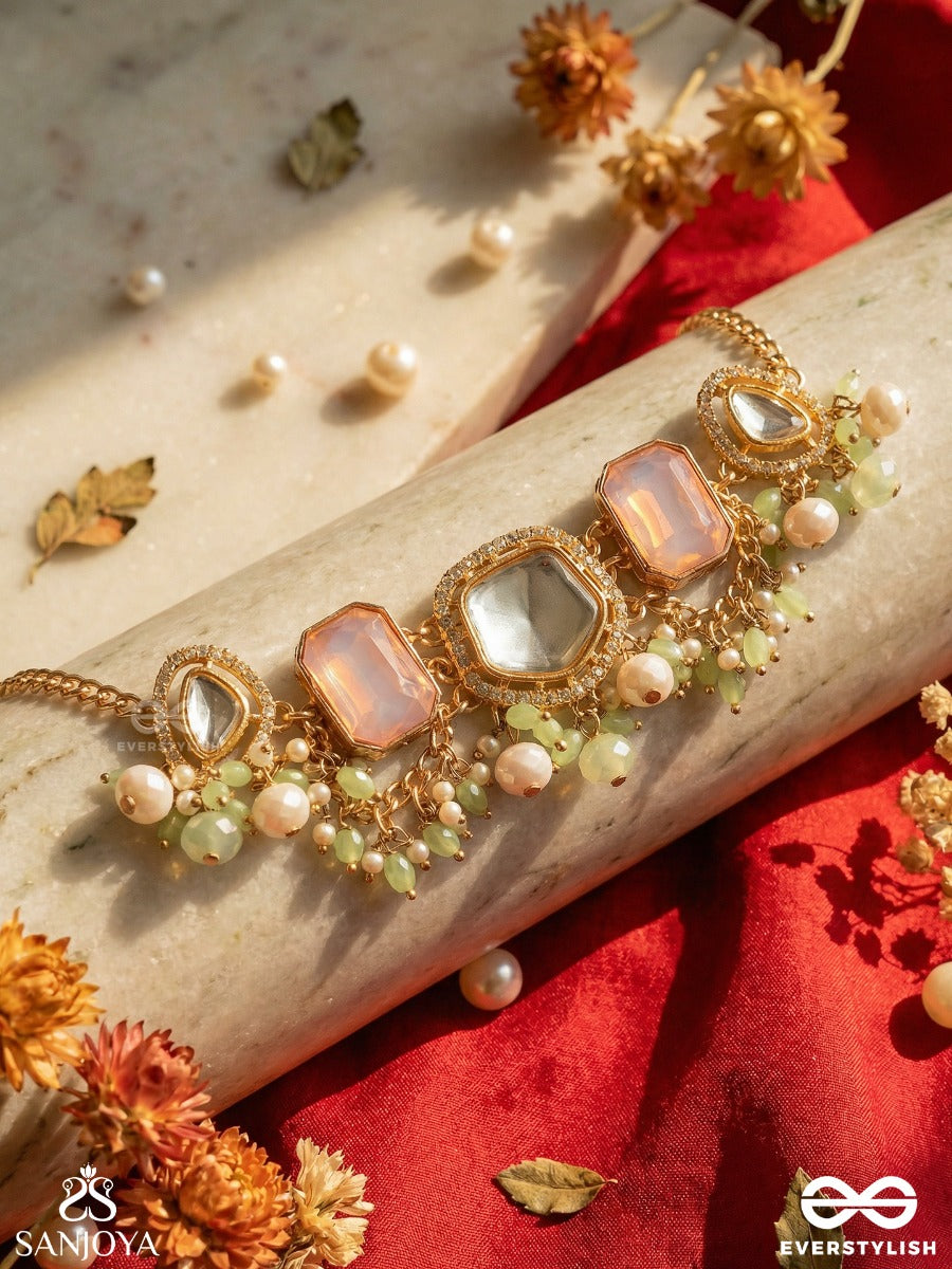 Mridulprabha - Soft Radiance - Delicate Necklace With Pastel Gem Panels And Pearl Cluster Accents