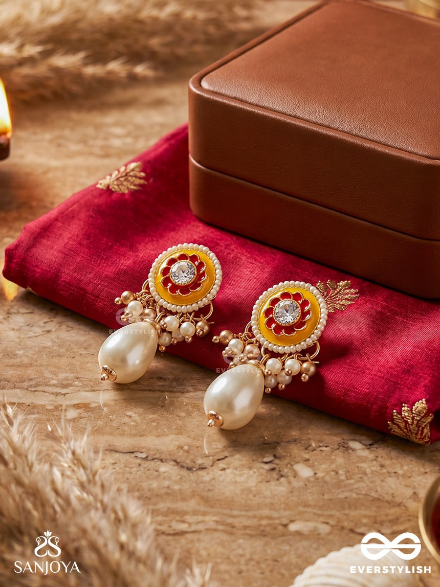Surakusuma - Divine Blossom - Ornate Earrings With Floral Enamel Panel And Single Pearl Dangler