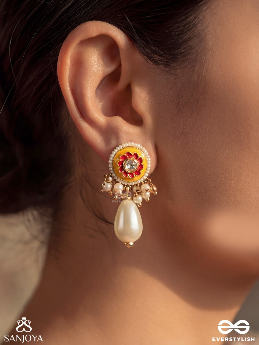 Surakusuma - Divine Blossom - Ornate Earrings With Floral Enamel Panel And Single Pearl Dangler
