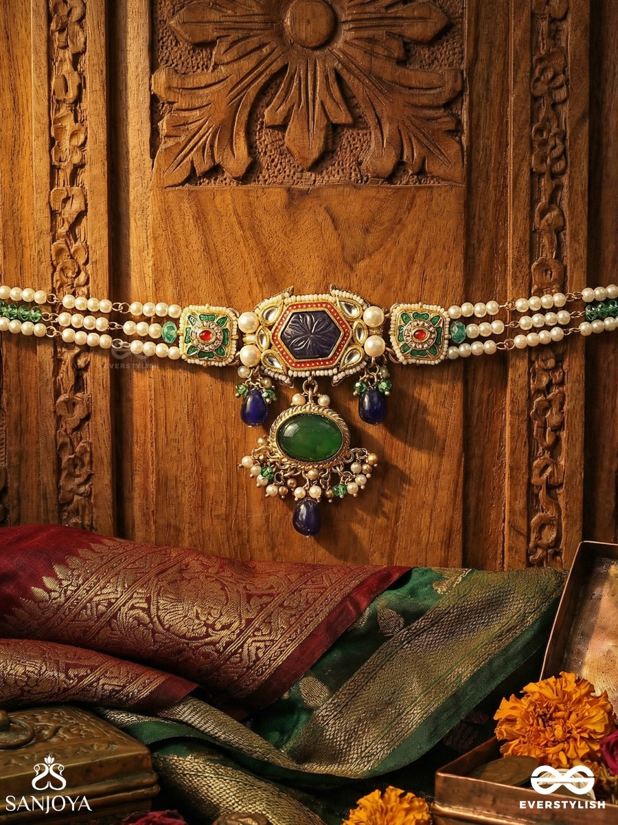 Neelketana - Emblem Of Blue - Elegant Necklace With Pearl Strands, Gem Panels And Blue Drop Accents