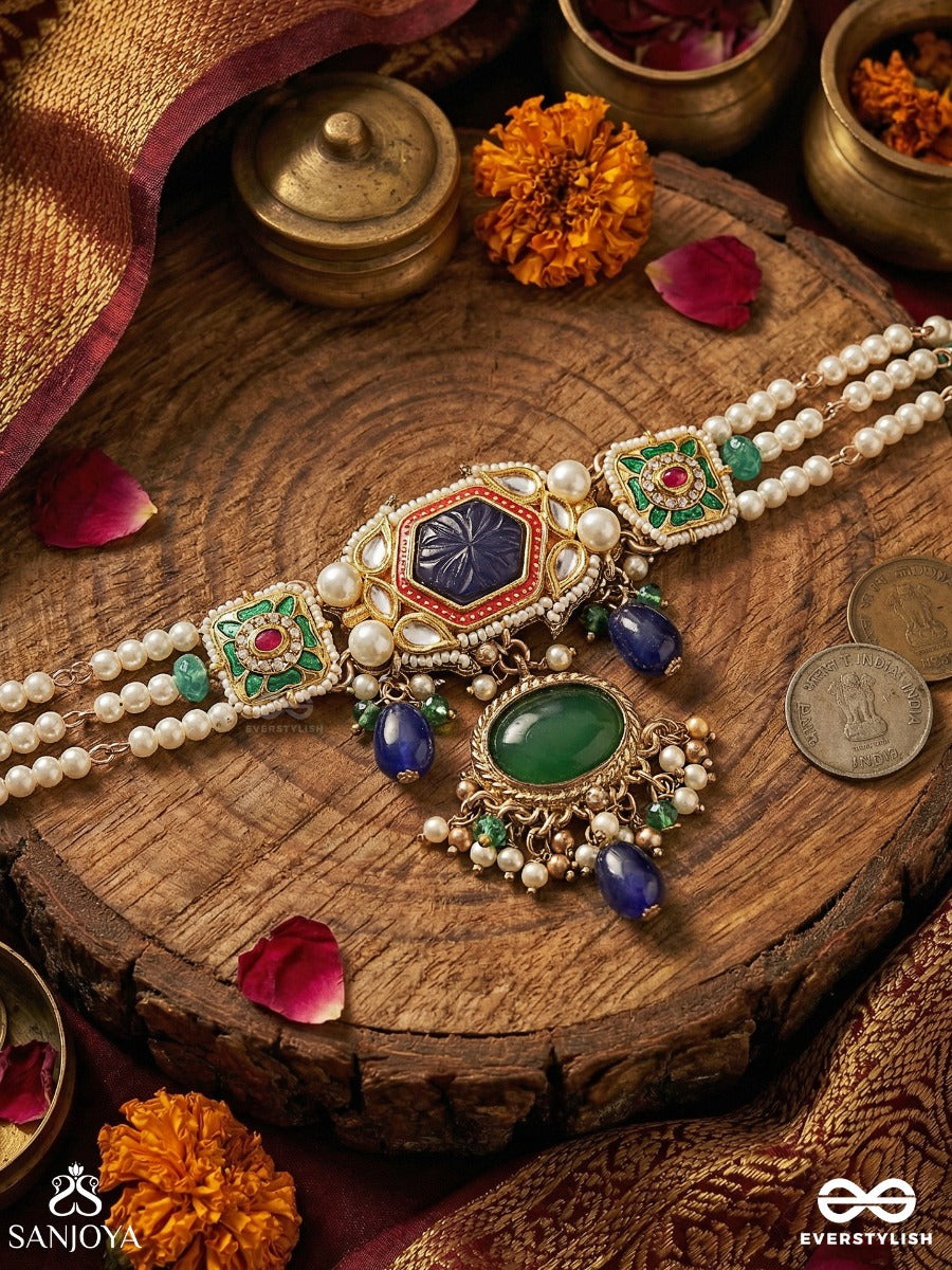 Neelketana - Emblem Of Blue - Elegant Necklace With Pearl Strands, Gem Panels And Blue Drop Accents