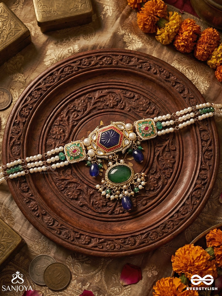 Neelketana - Emblem Of Blue - Elegant Necklace With Pearl Strands, Gem Panels And Blue Drop Accents