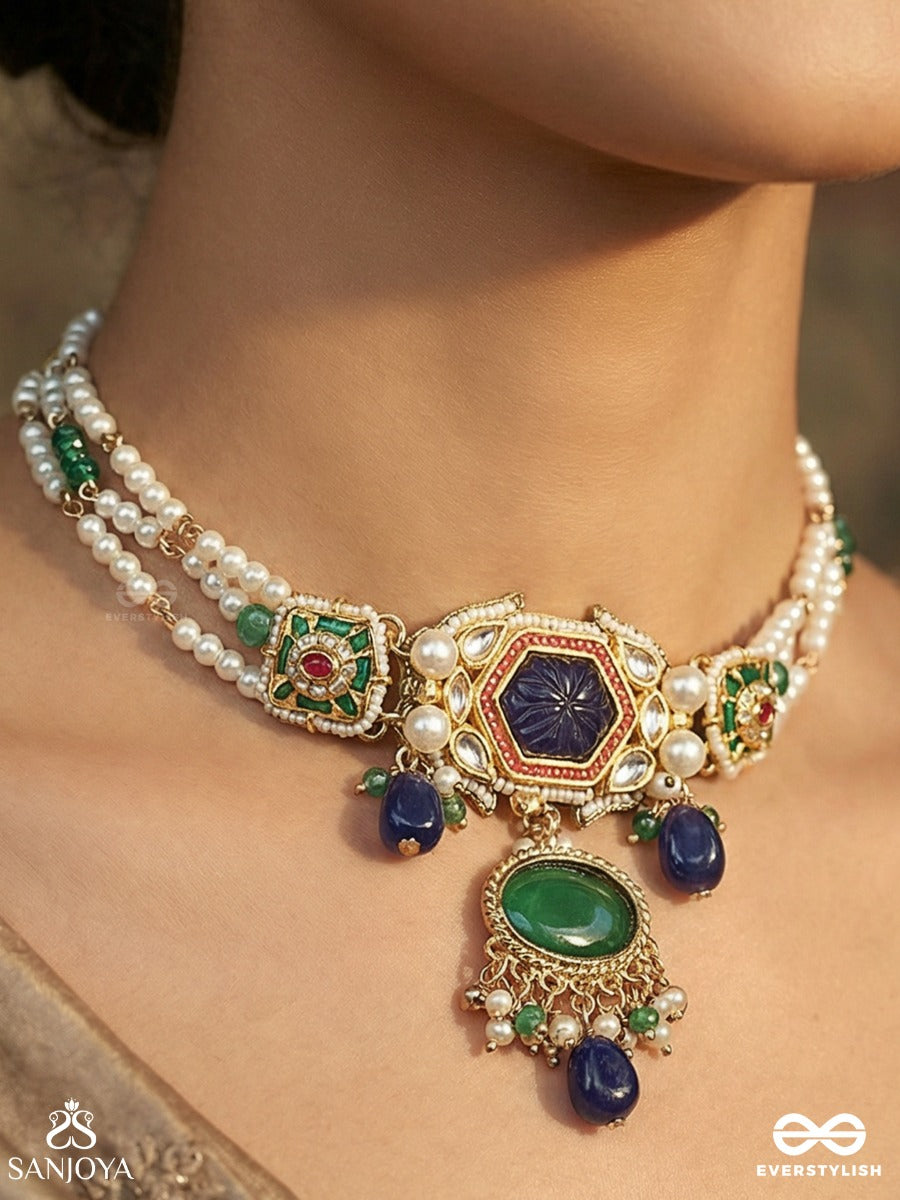 Neelketana - Emblem Of Blue - Elegant Necklace With Pearl Strands, Gem Panels And Blue Drop Accents