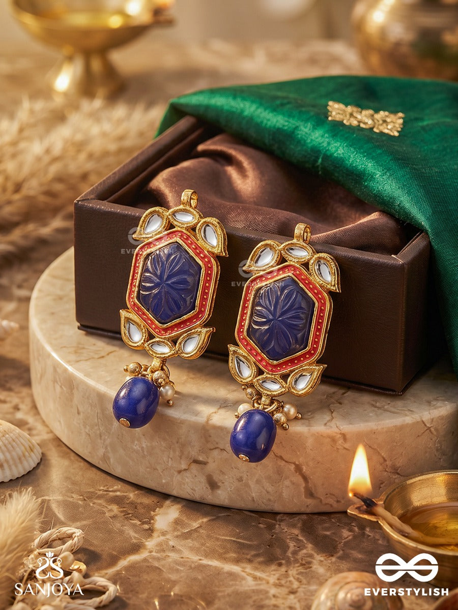 Neelketana - Emblem Of Blue - Statement Earrings With Faceted Blue Stone And Enamelled Frame With Drop Accents