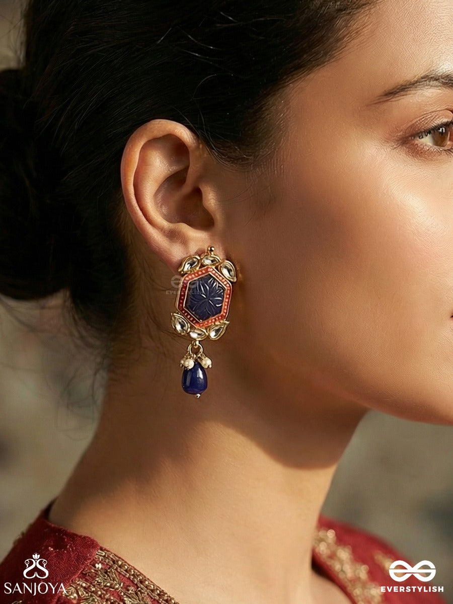 Neelketana - Emblem Of Blue - Statement Earrings With Faceted Blue Stone And Enamelled Frame With Drop Accents