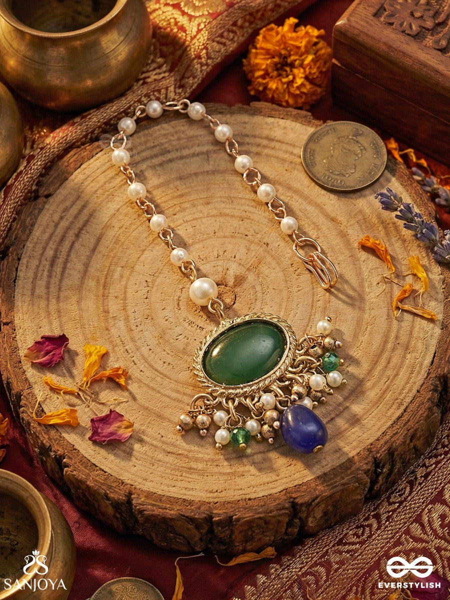 Neelketana - Emblem Of Blue - Delicate Maangtika With Gem Medallion And Dangling Blue Drop Detail