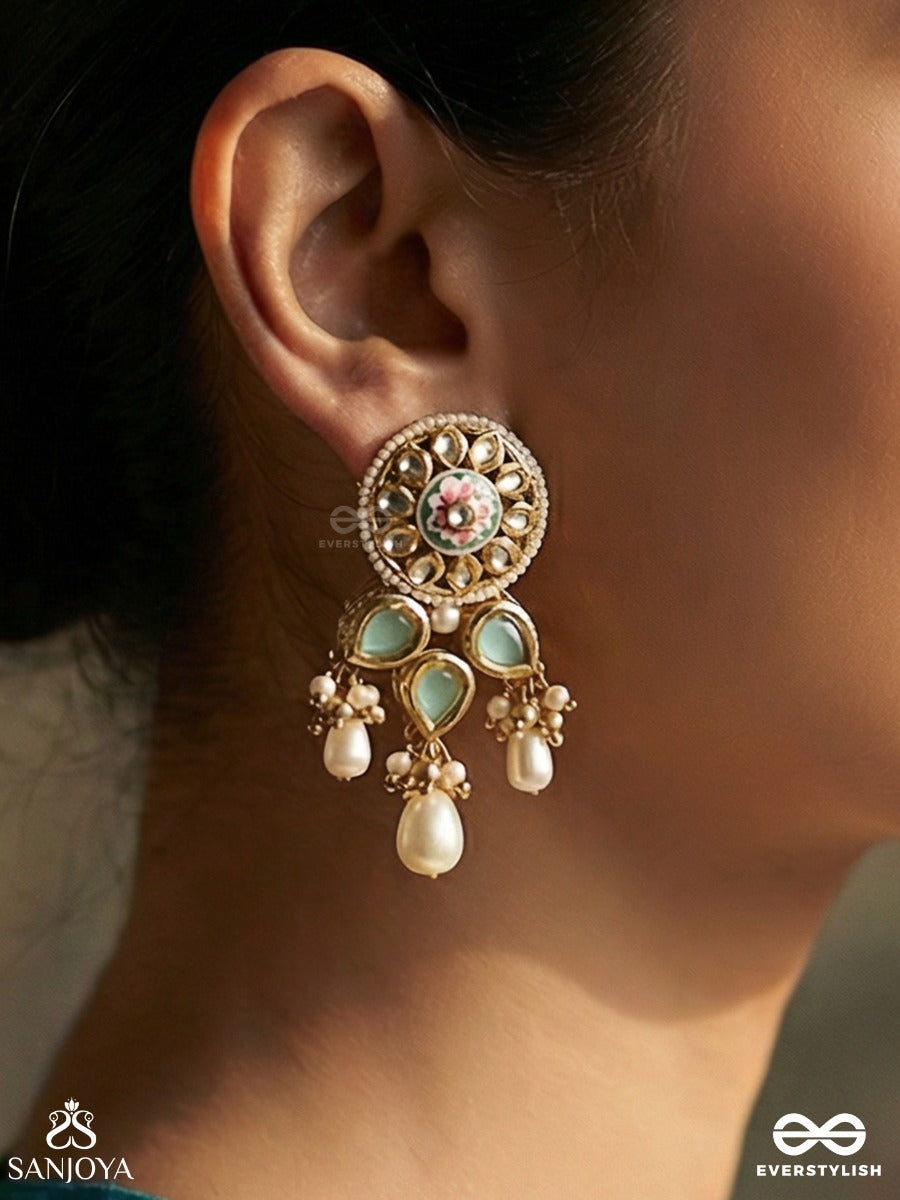 Meghvalli - Cloud Vine - Delicate Earrings With Enamelled Disc And Turquoise Drop Accents