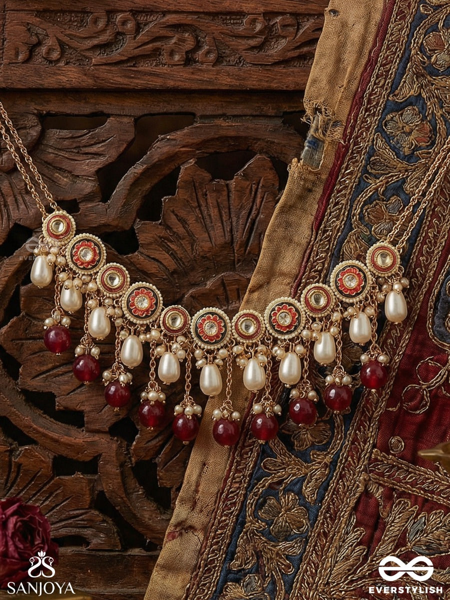 Surlekhita - Divine Design - Festive Necklace With Enamelled Medallions, Pearl Fringe And Ruby Drop Accents