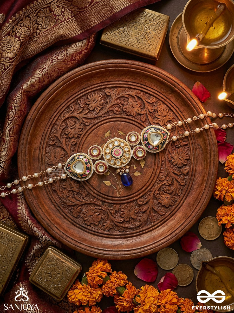 Alokpratika - Radiant Emblem - Ornate Necklace With Enamelled Medallions, Gem Details And Blue Drop Accent