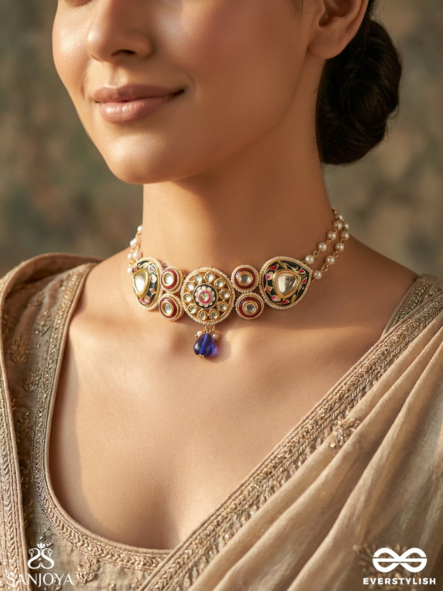 Alokpratika - Radiant Emblem - Ornate Necklace With Enamelled Medallions, Gem Details And Blue Drop Accent