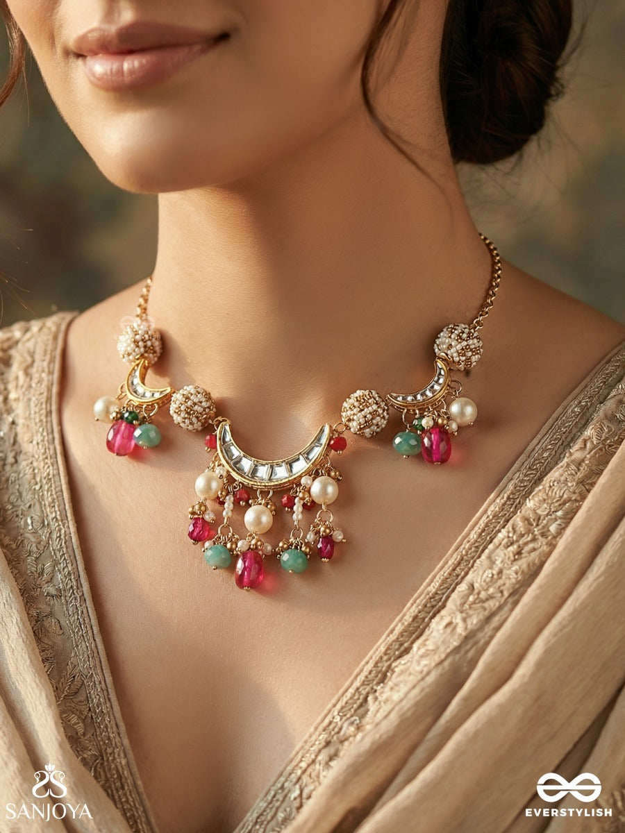 Surragini - Divine Melody - Festive Necklace With Ornamental Centre, Multi-Colour Dangling Drops And Pearl Accents