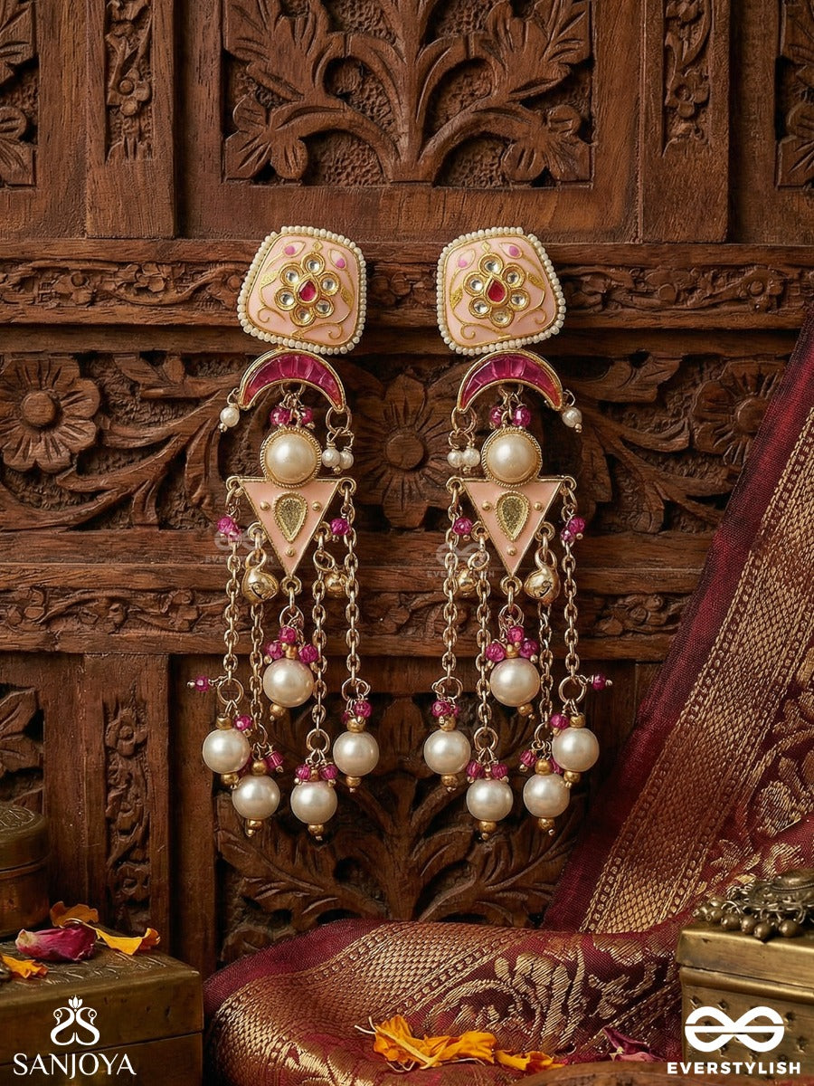 Kamalrupa - Lotus Form - Statement Earrings With Enamelled Panel And Pearl Chain Cascade