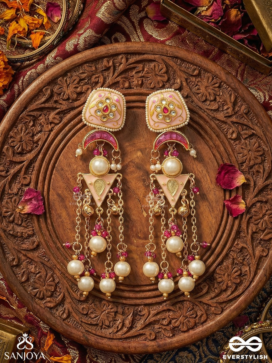 Kamalrupa - Lotus Form - Statement Earrings With Enamelled Panel And Pearl Chain Cascade