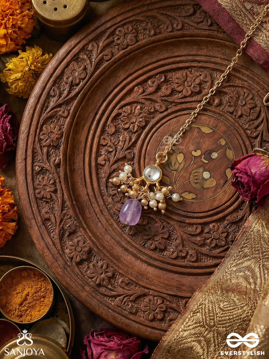 Mridulshraya - Gentle Abode - Delicate Maangtika With Gemmed Centre, Pearl Clusters And Soft Lilac Drop Accent