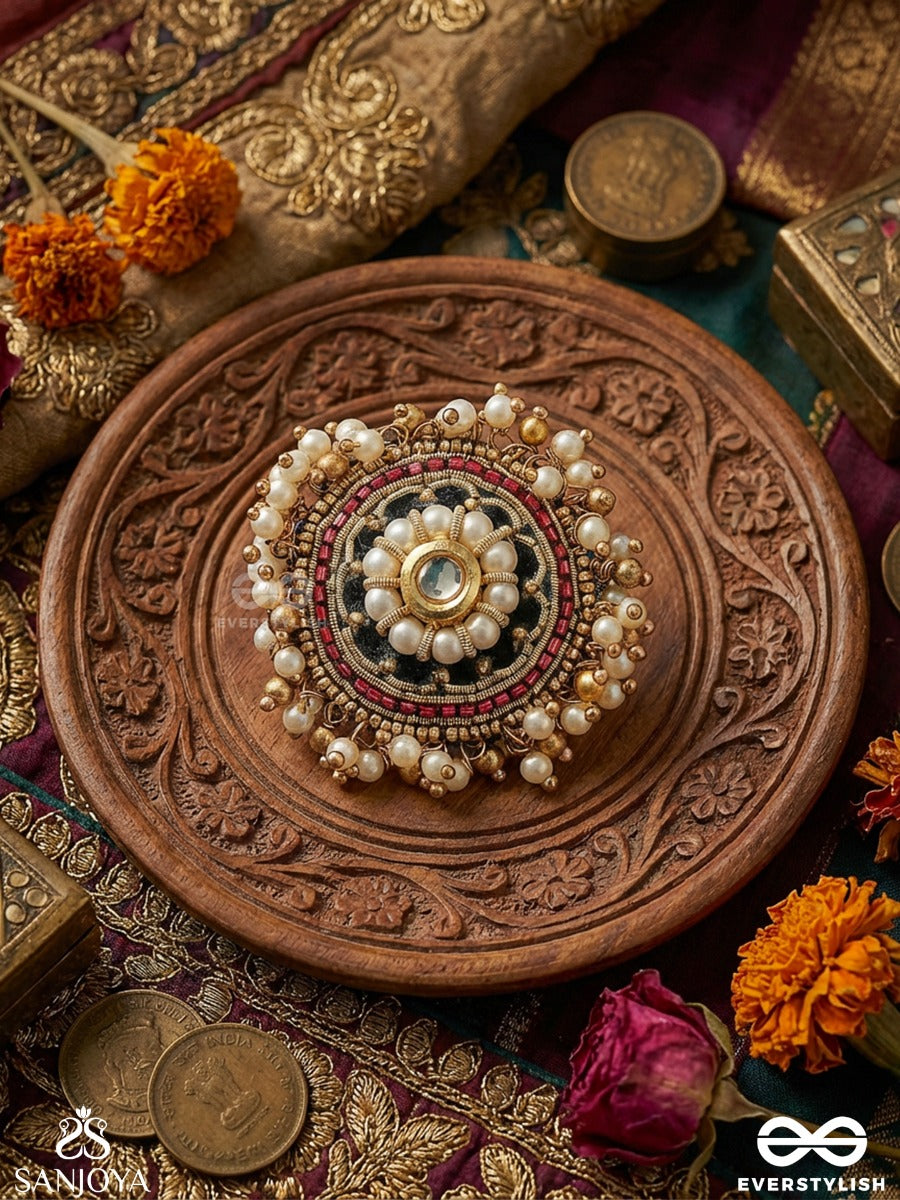 Mahapradipa - Grand Radiance - Statement Ring With Ornate Disc, Pearl Cluster Detail And Intricate Embellishment