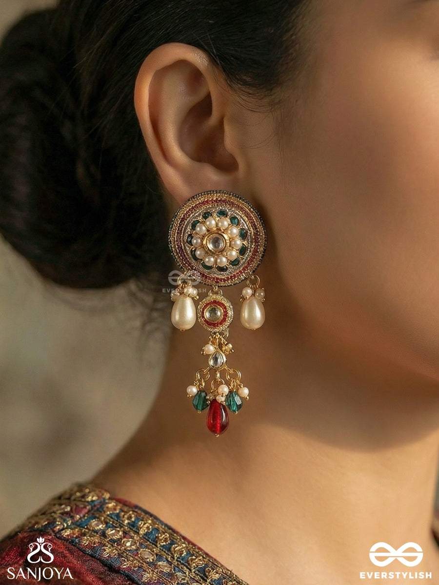 Mahapradipa - Grand Radiance - Ornate Earrings With Embellished Panel, Dangling Accents And Multi-Stone Details