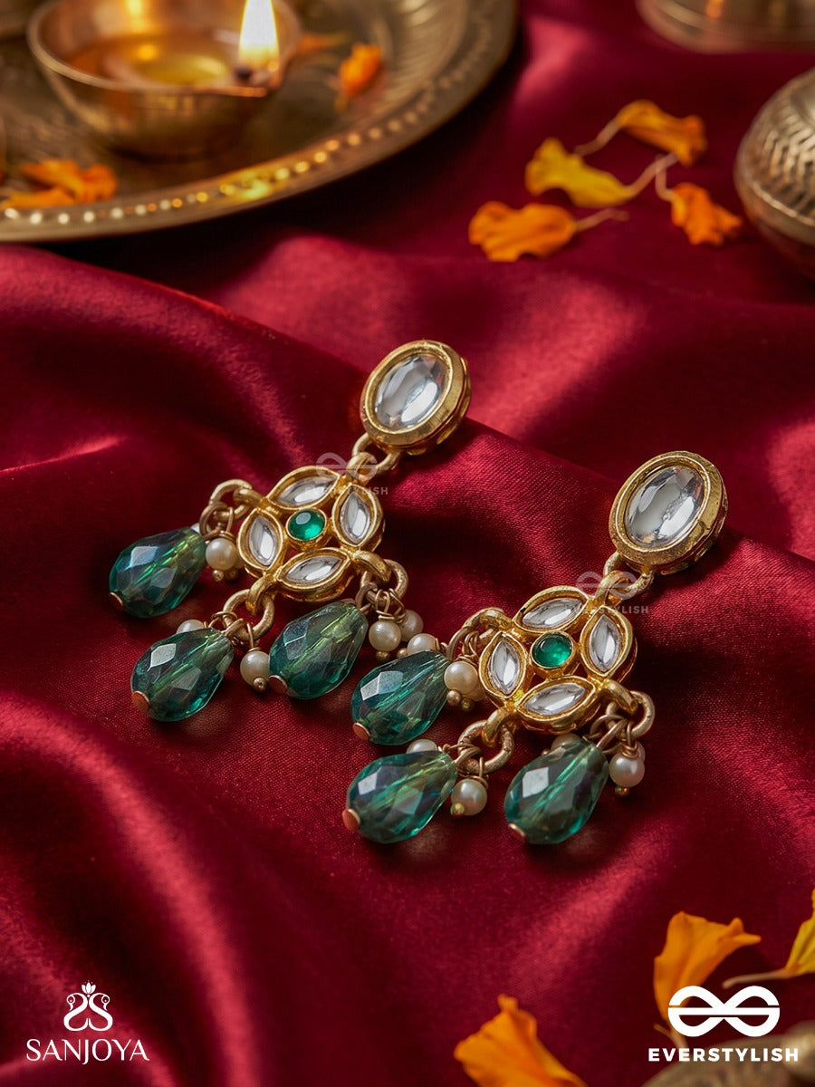 Haritshraya - Green Abode - Ornate Earrings With Embellished Panel, Pearl Detailing And Green Stone Danglers