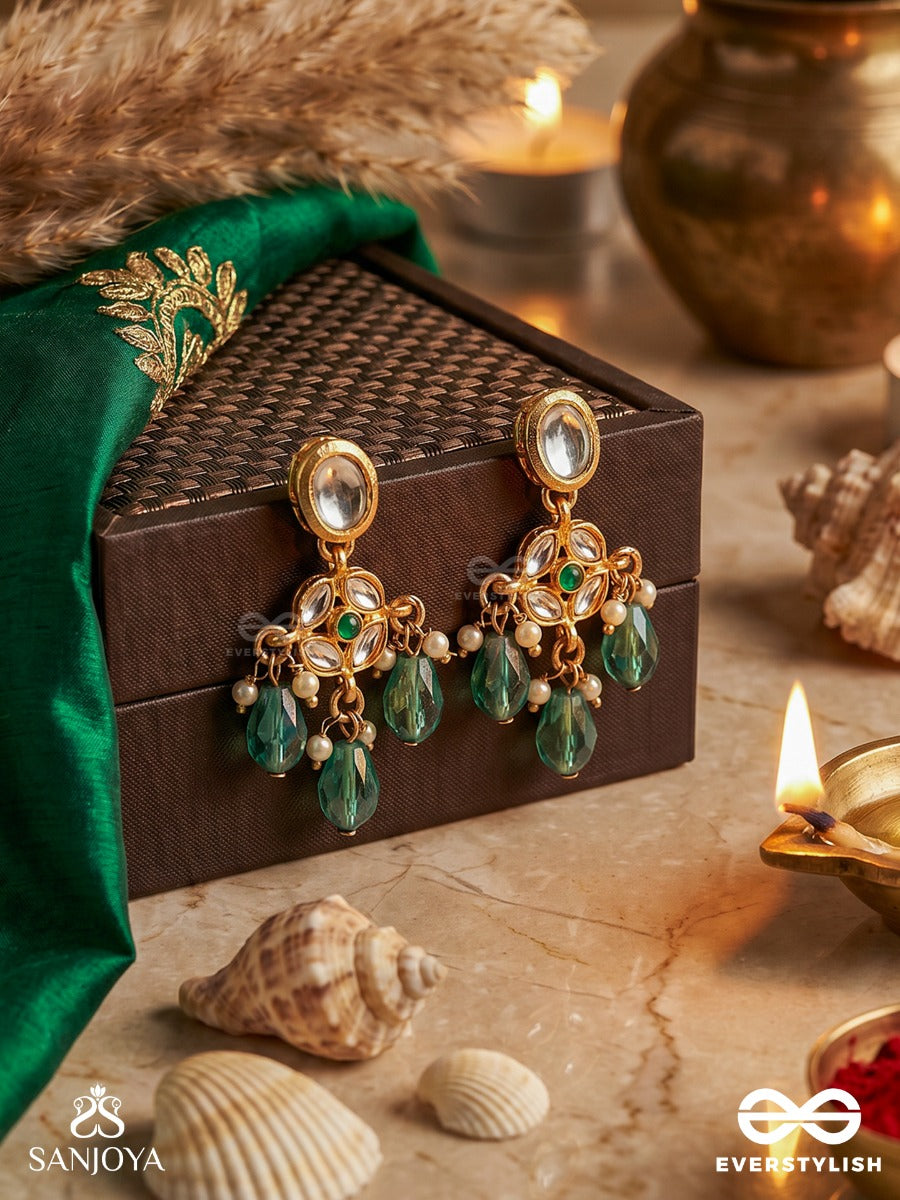 Haritshraya - Green Abode - Ornate Earrings With Embellished Panel, Pearl Detailing And Green Stone Danglers