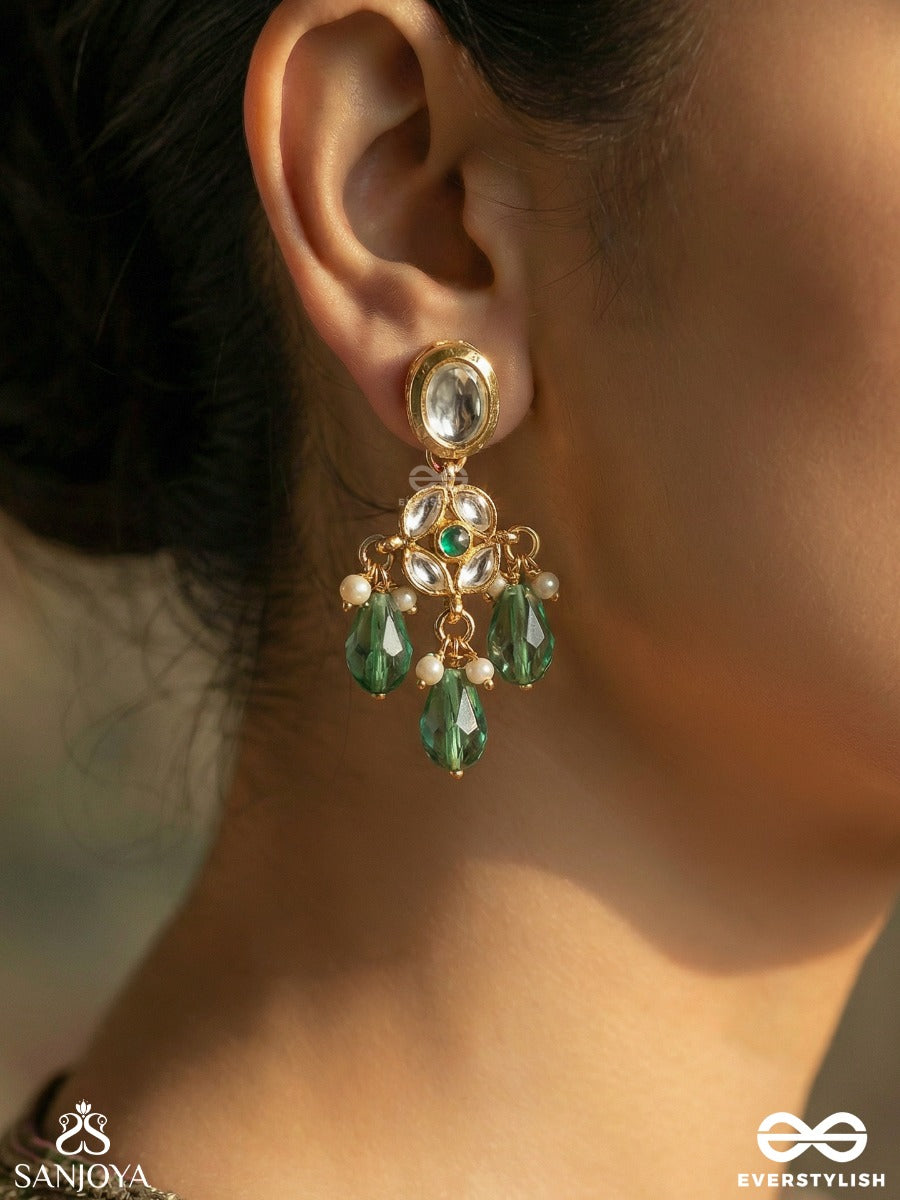 Haritshraya - Green Abode - Ornate Earrings With Embellished Panel, Pearl Detailing And Green Stone Danglers