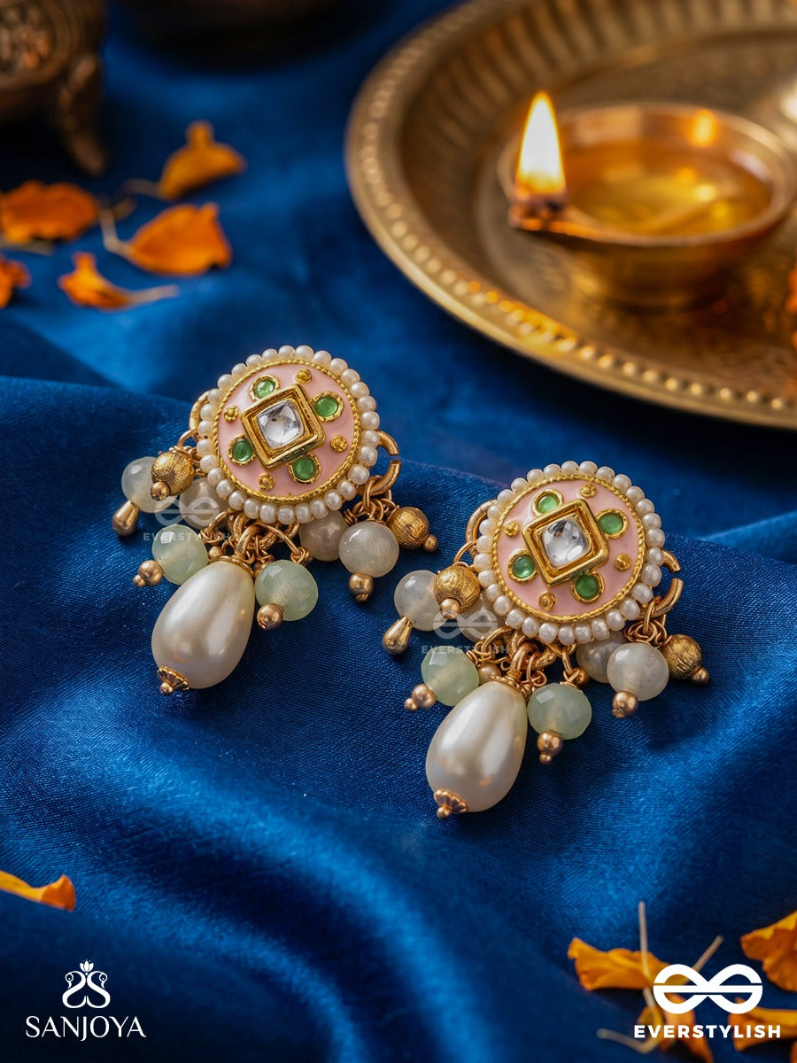 Mriduveni - Soft Braid - Delicate Earrings With Ornamental Panel, Pastel Details And Single Dangler