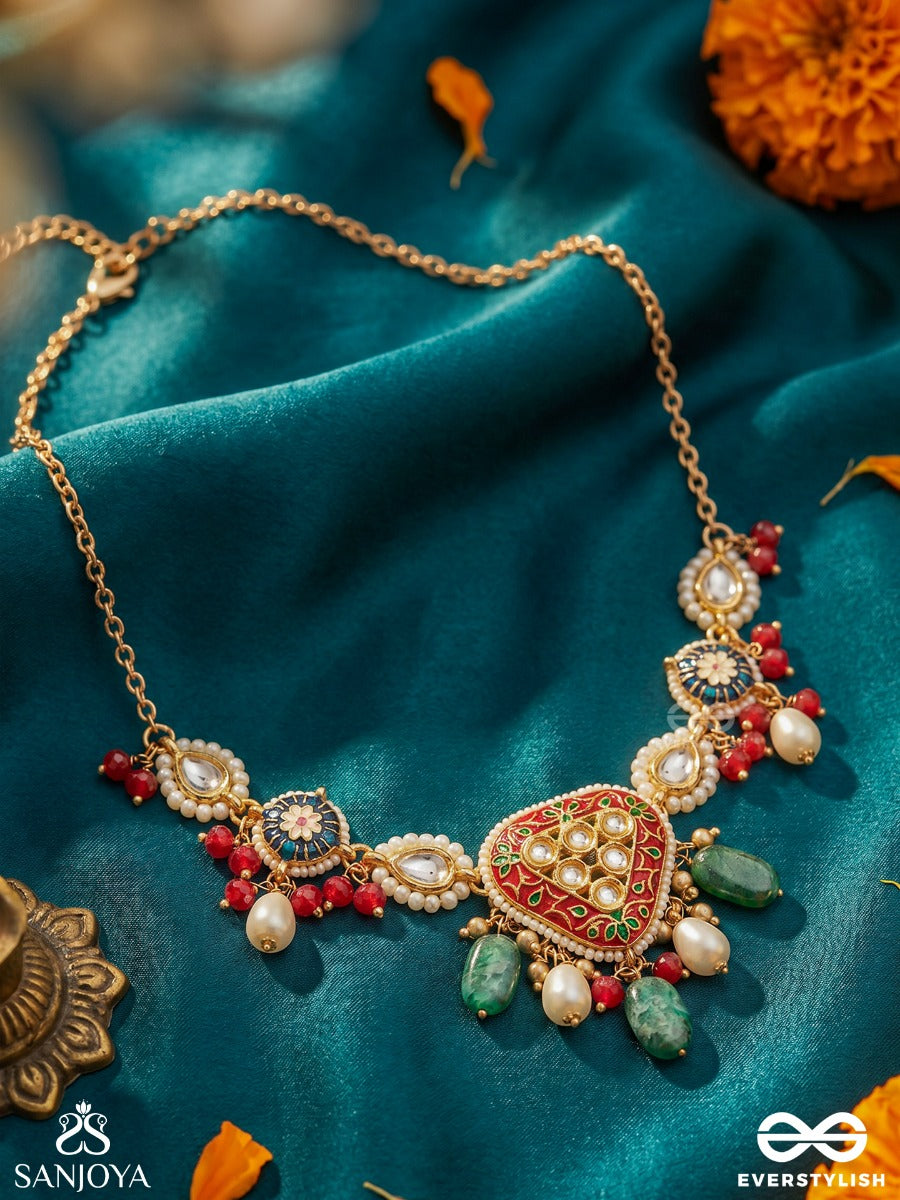 Kusumpratika - Blossom Emblem - Festive Necklace With Ornamental Motifs, Multi-Stone Accents And Dangling Details