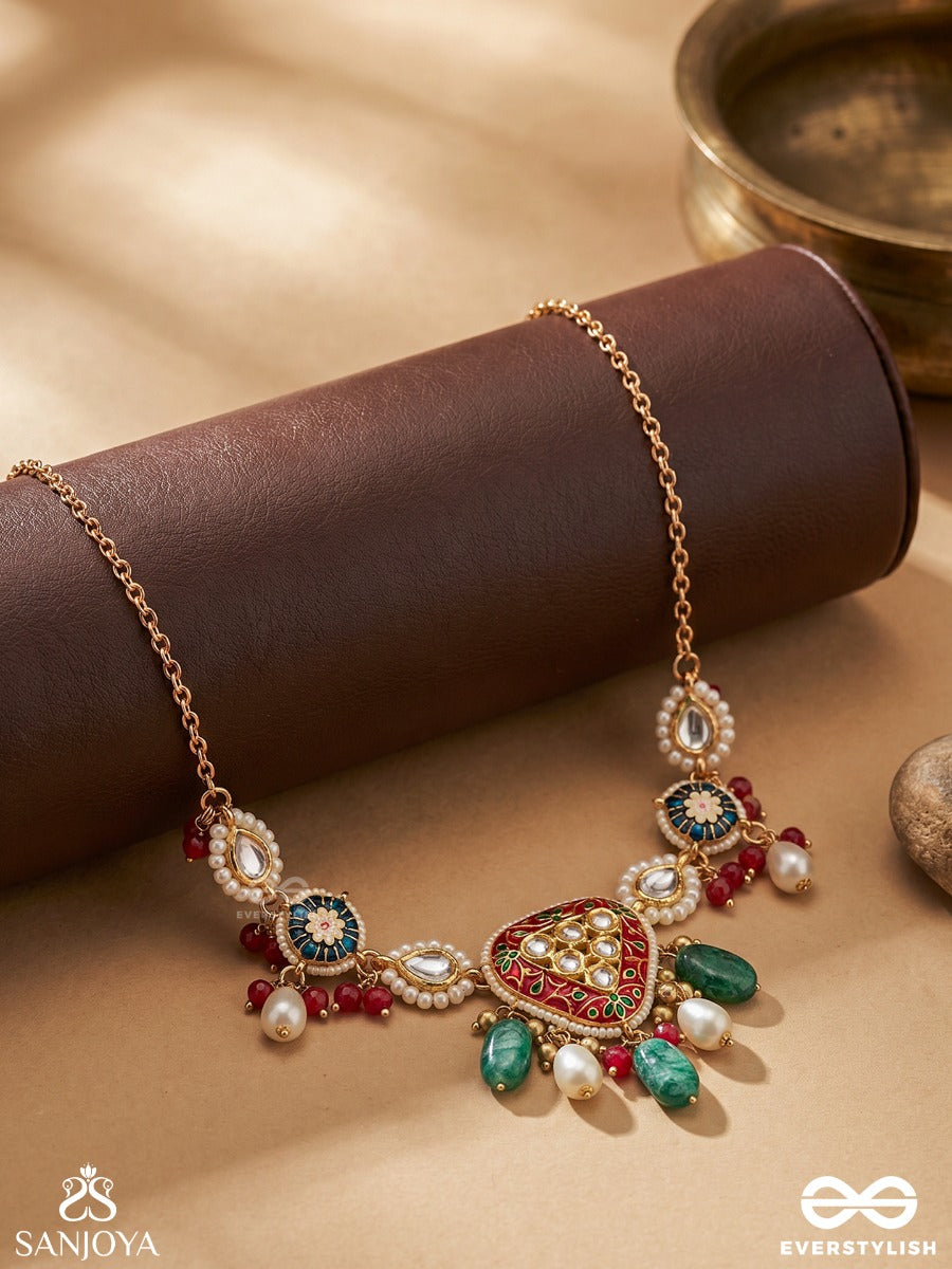 Kusumpratika - Blossom Emblem - Festive Necklace With Ornamental Motifs, Multi-Stone Accents And Dangling Details
